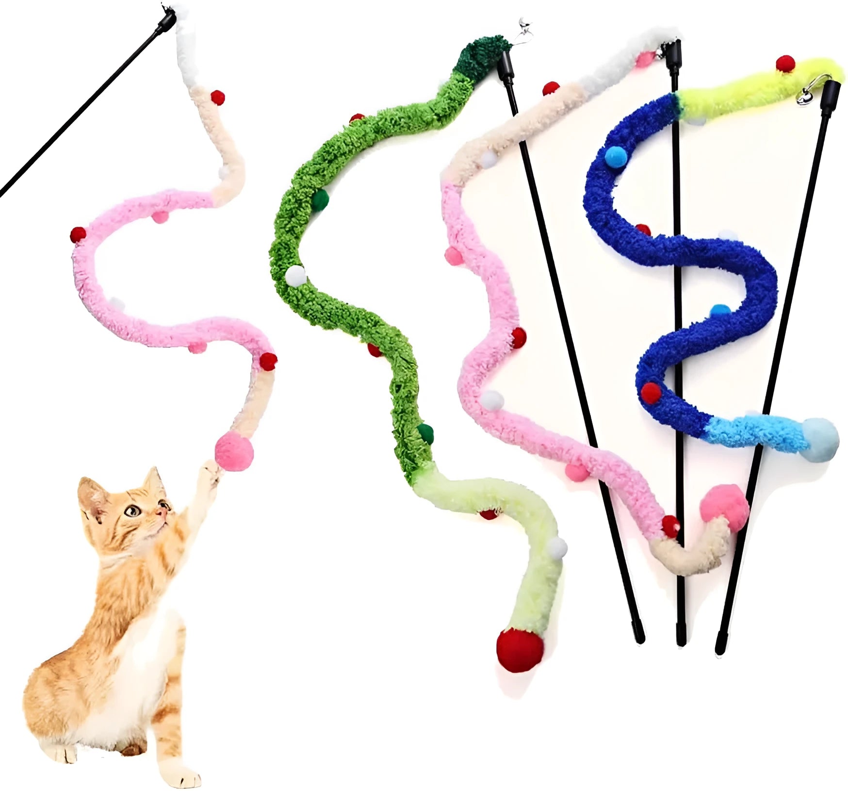 Blue cat wand toy with long plush strip and fluffy ball with bell attachment
