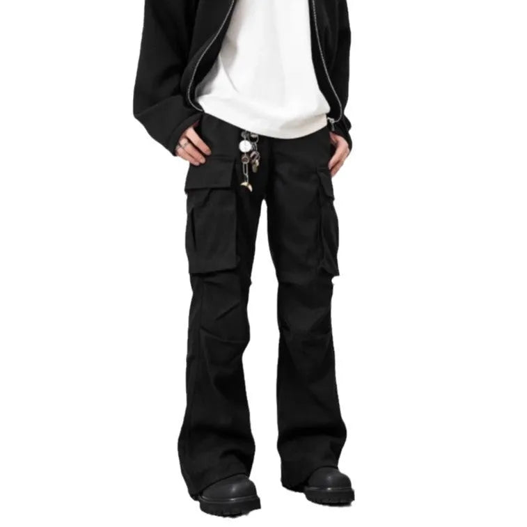 Black men's multi-pocket cargo trousers straight fit mid waist polyester spring autumn