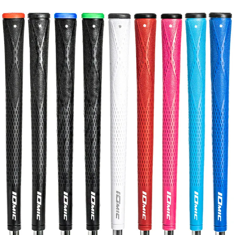 TPE material golf club grip shown in multiple colour options including pink, red, blue, white, and black.