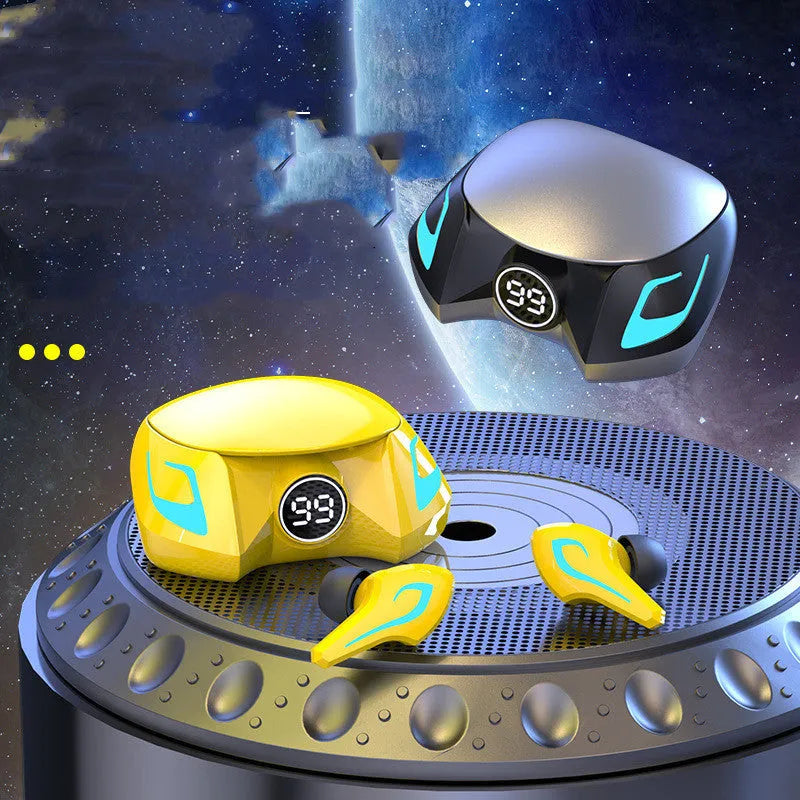 Colourful wireless gaming Bluetooth headset with earplug-style design for zero-latency gameplay audio