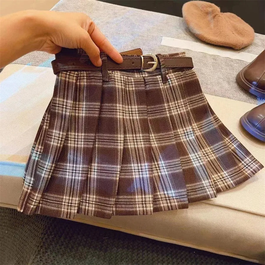 Children's plaid pattern pleated skirt in cotton blend fabric with A-line silhouette