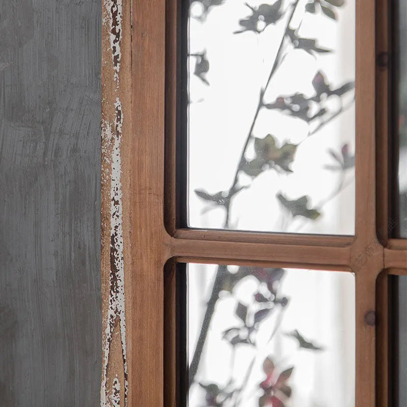Terrace style distressed wooden frame fake window wall mirror in log colour