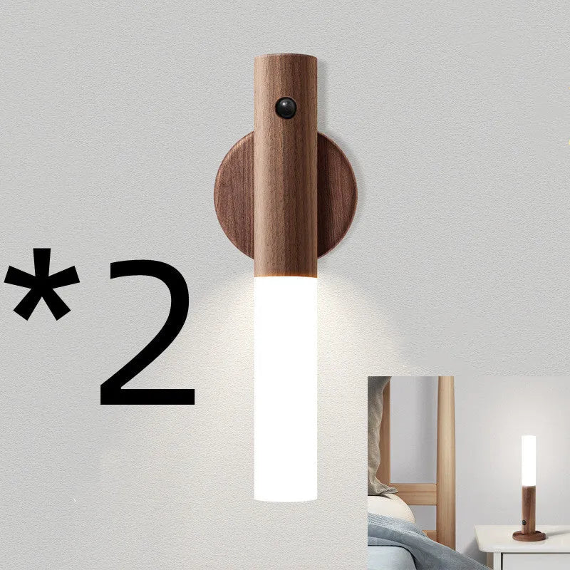 Smart sensor LED desk lamp with solid wood base showing compact design and warm white illumination