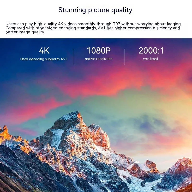 White T07 Full HD 1080p smart projector with remote control on a surface.