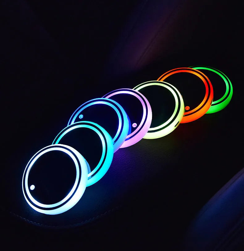 68mm car cup holder LED coaster with multicolour lighting and USB charging cable