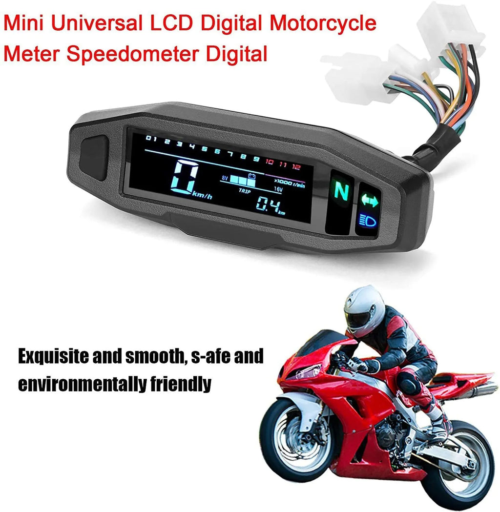 Black motorcycle mini speedometer with LCD display showing speed and oil gauge indicators