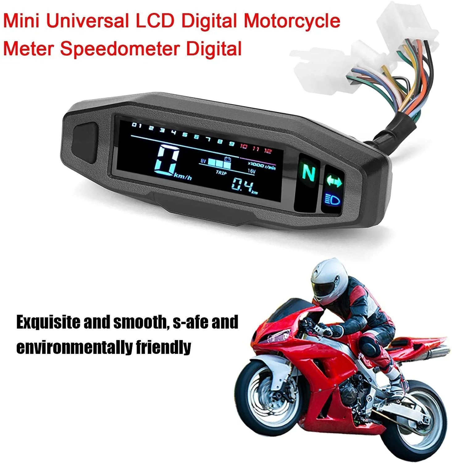Black motorcycle mini speedometer with LCD display showing speed and oil gauge indicators