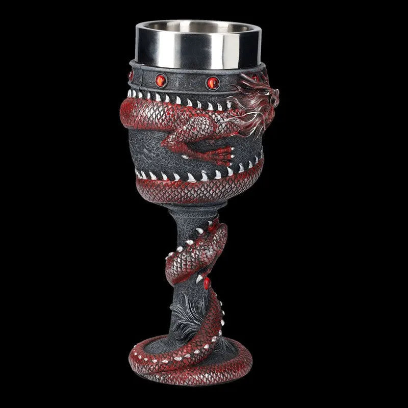 Stainless steel red wine glass with 3D Chinese dragon decoration in retro style