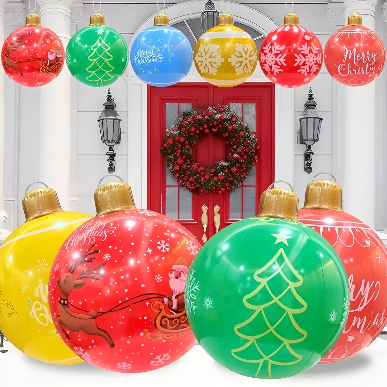 Large red inflatable Christmas ball with flash lights, shown with manual pump, for garden decoration.