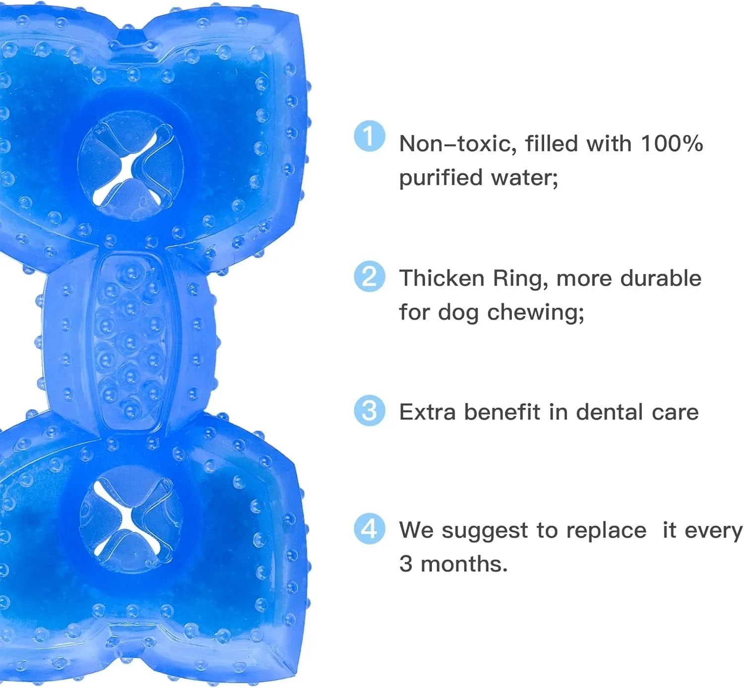 Freezable dog teething chew toy with non-toxic materials and purified water cooling