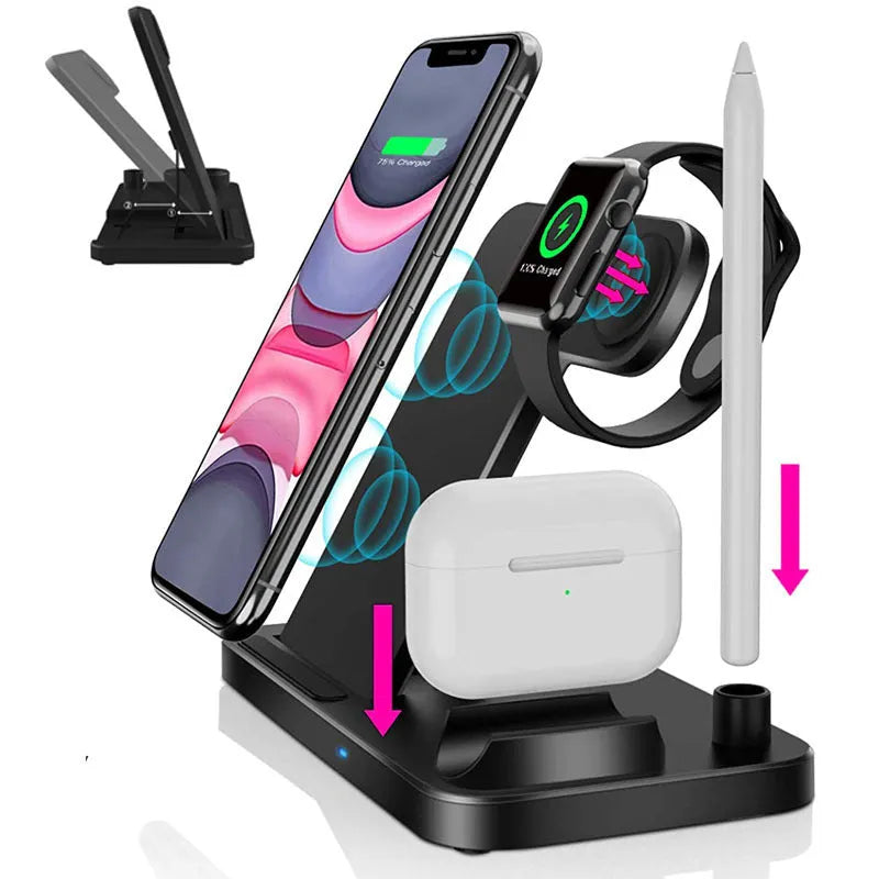 15W folding 4-in-1 wireless charger for Apple devices in vertical and flat charging positions
