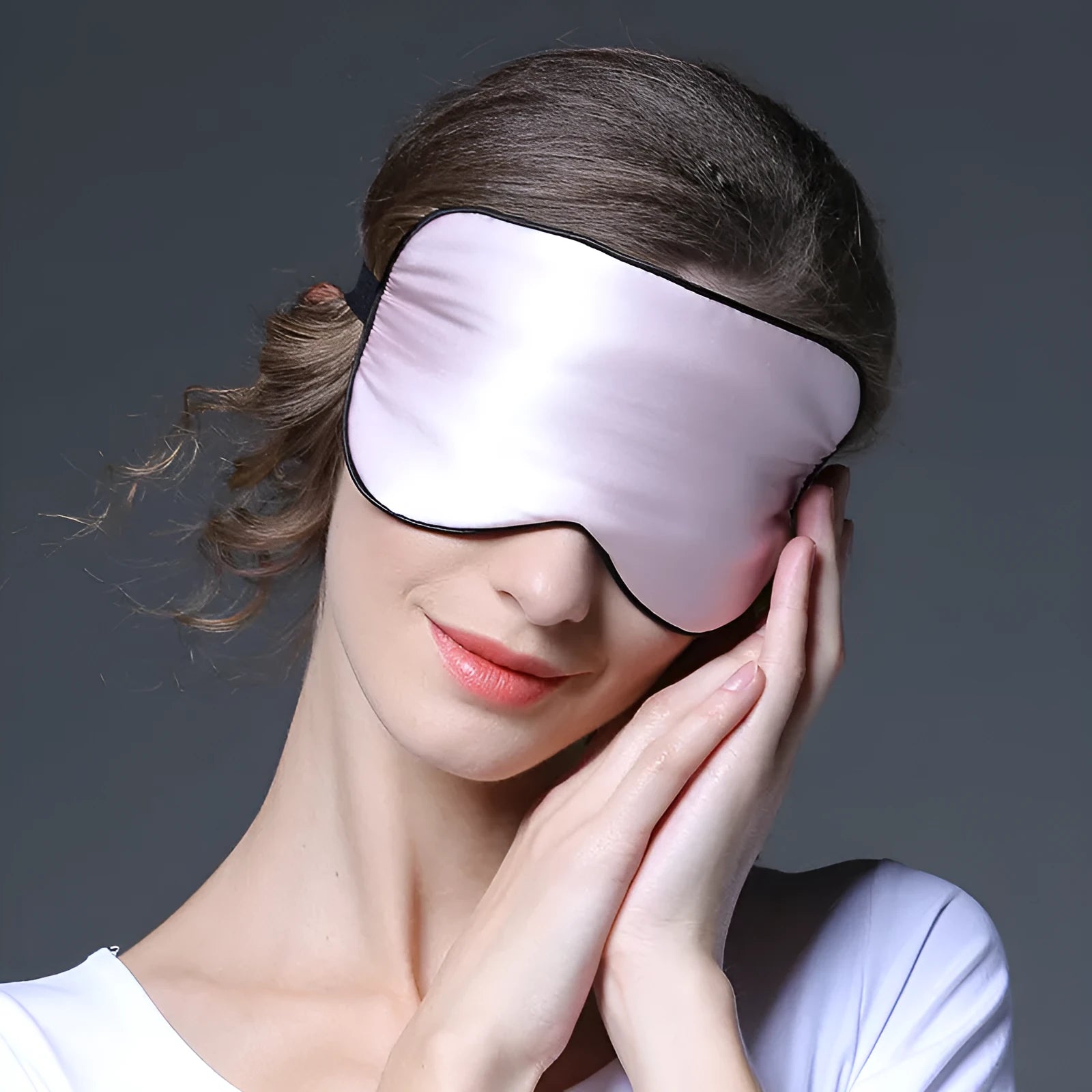 Double-sided mulberry silk eye mask in champagne colour with embroidered print.
