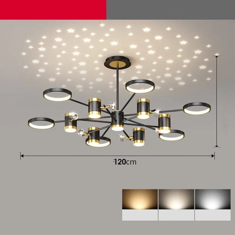 Black iron star chandelier ceiling light with 13 LED heads and remote control