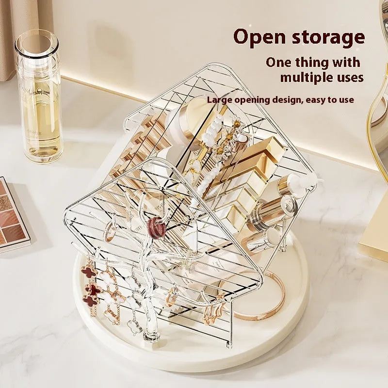 Rotating cosmetics storage box in clear plastic with 360° rotation mechanism on a bathroom counter