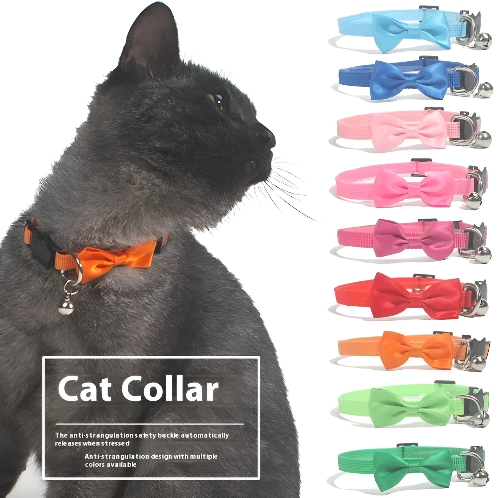 Adjustable nylon cat bow collar with bell in striped pattern, multiple colour options