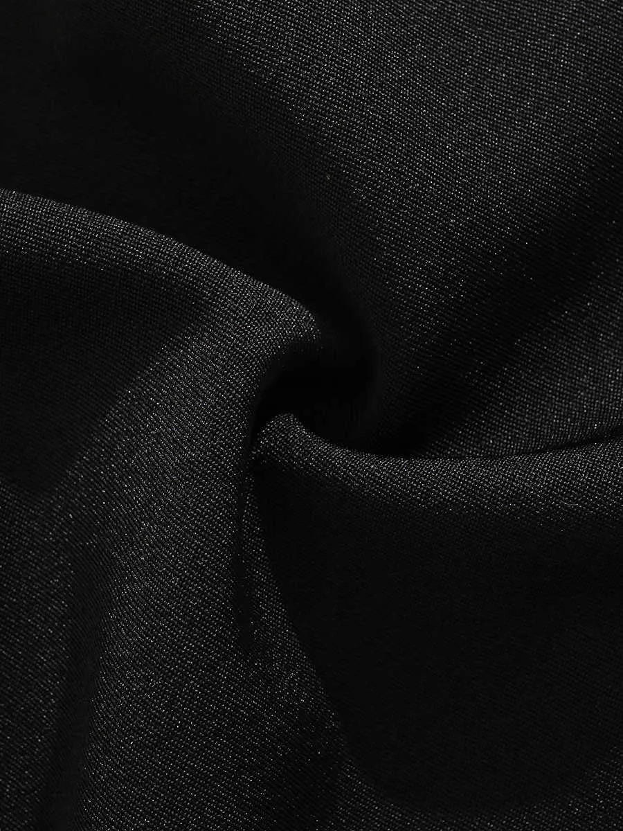 Men's black loose-fit shorts with button fly and straight-leg design above knee length