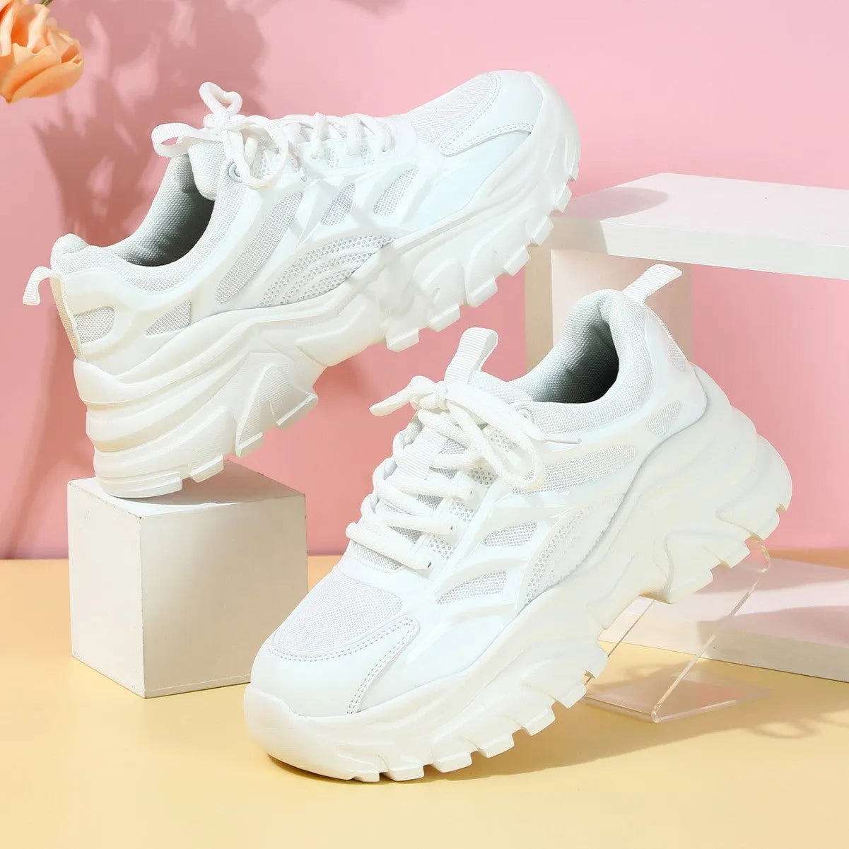 Thick bottom height increasing breathable leisure sneaker in 9229 white with PU mesh upper and MD sole