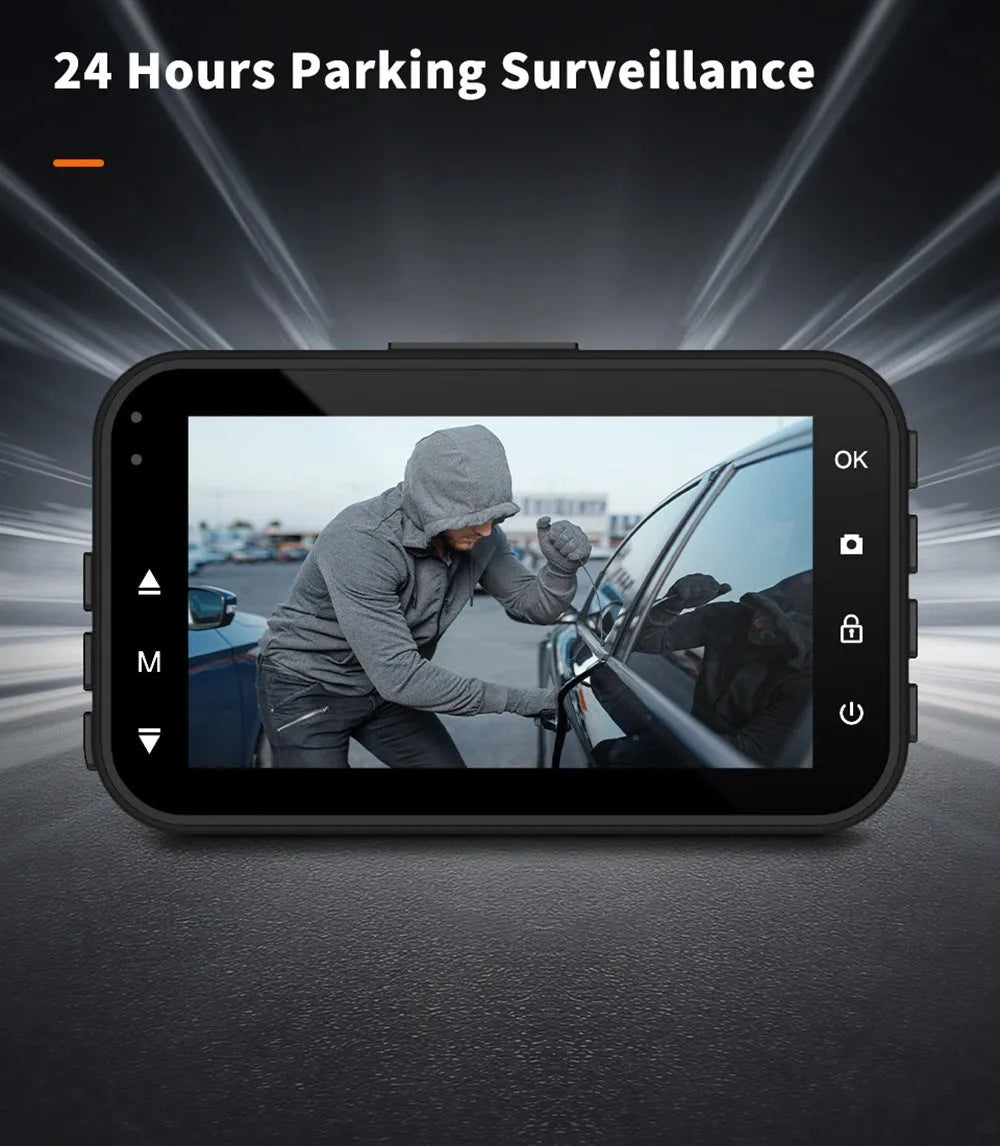 ThiEYE front and rear car dash camera with 3-inch screen mounted on car windscreen