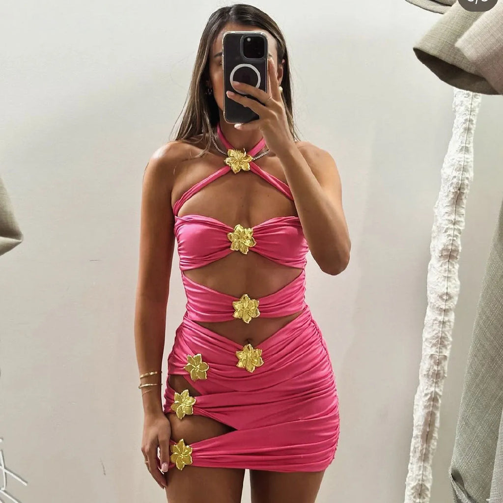 Women's solid colour one-piece swimsuit with detachable skirt and hollow-out tube top design