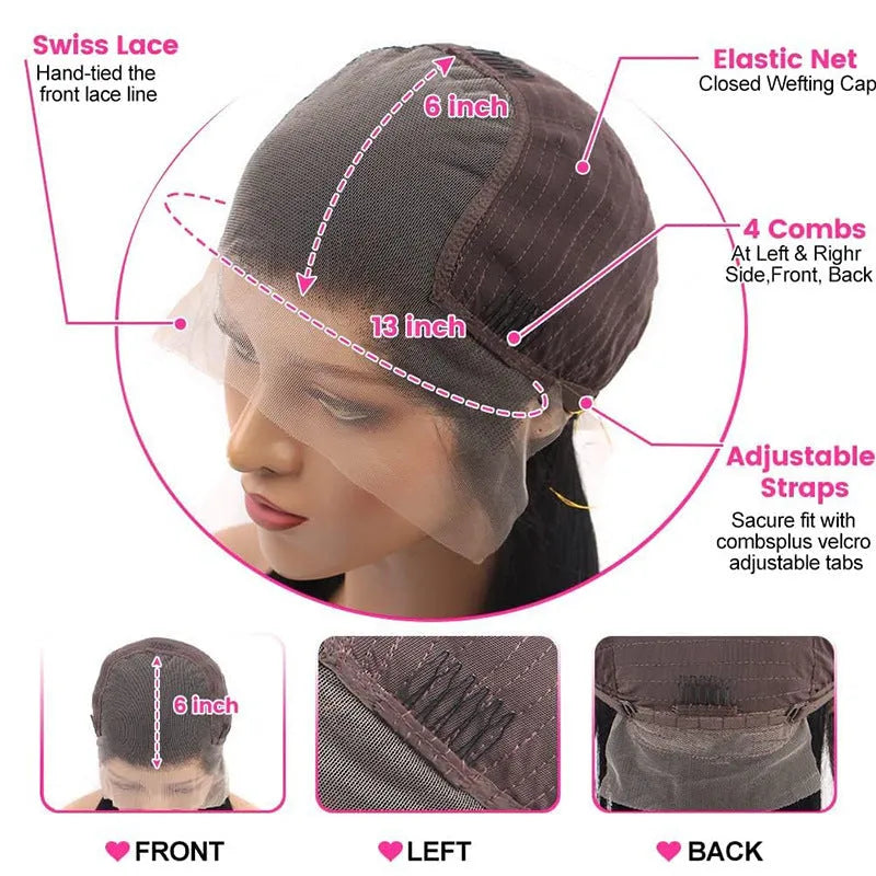 13x6 straight lace front human hair wig in black colour showing natural style and length options