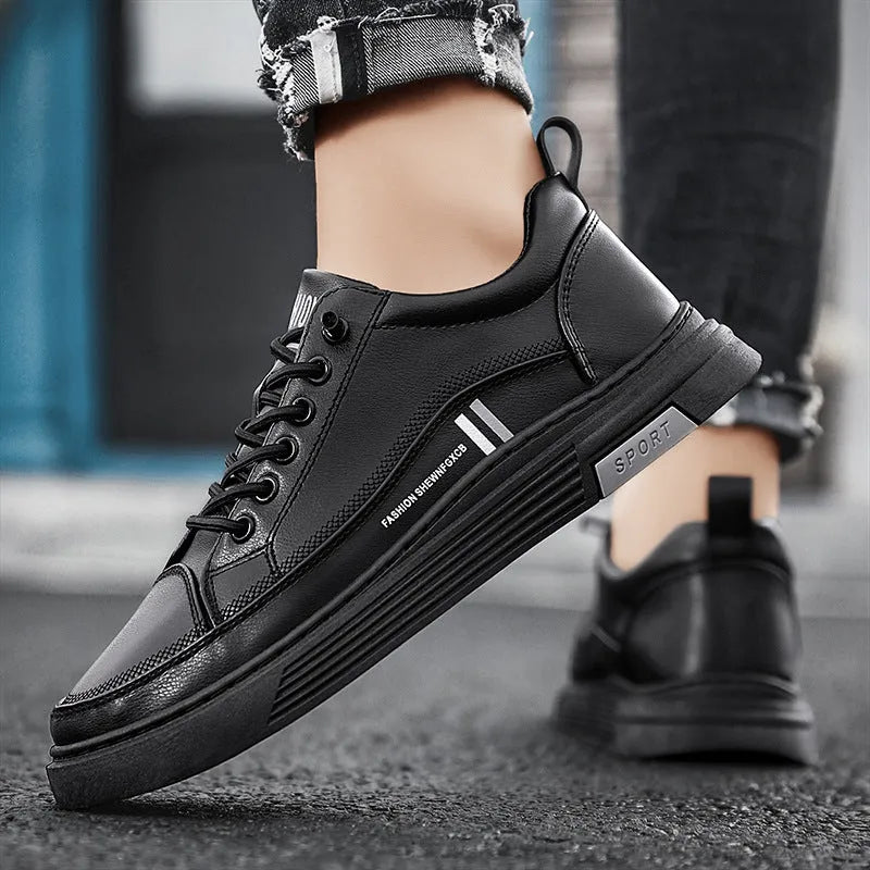 Men's white and black microfiber skate shoes with elastic band fastening and rubber sole