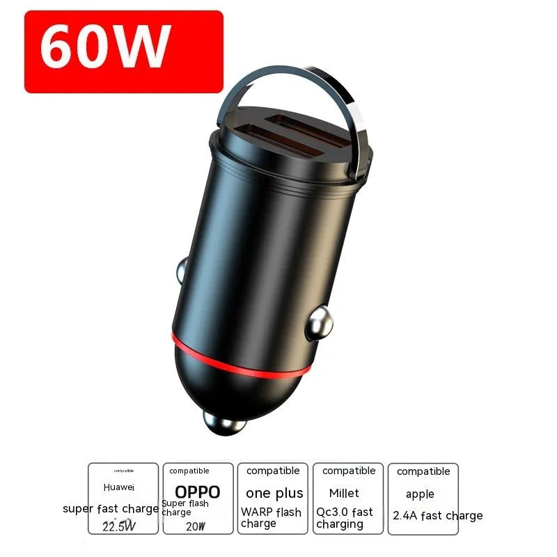 Black 200W zinc alloy car charger with USB port measuring 38mm