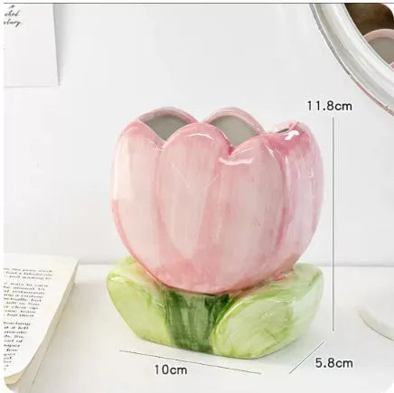 Ceramic flower pen holder storage box with floral pattern, dimensions 11.8x5.8x10 cm