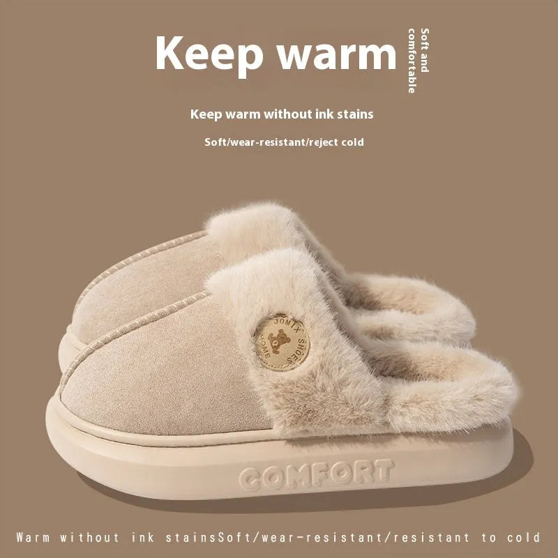 Thick-soled fleece winter slippers in various colours with decorative car stitching