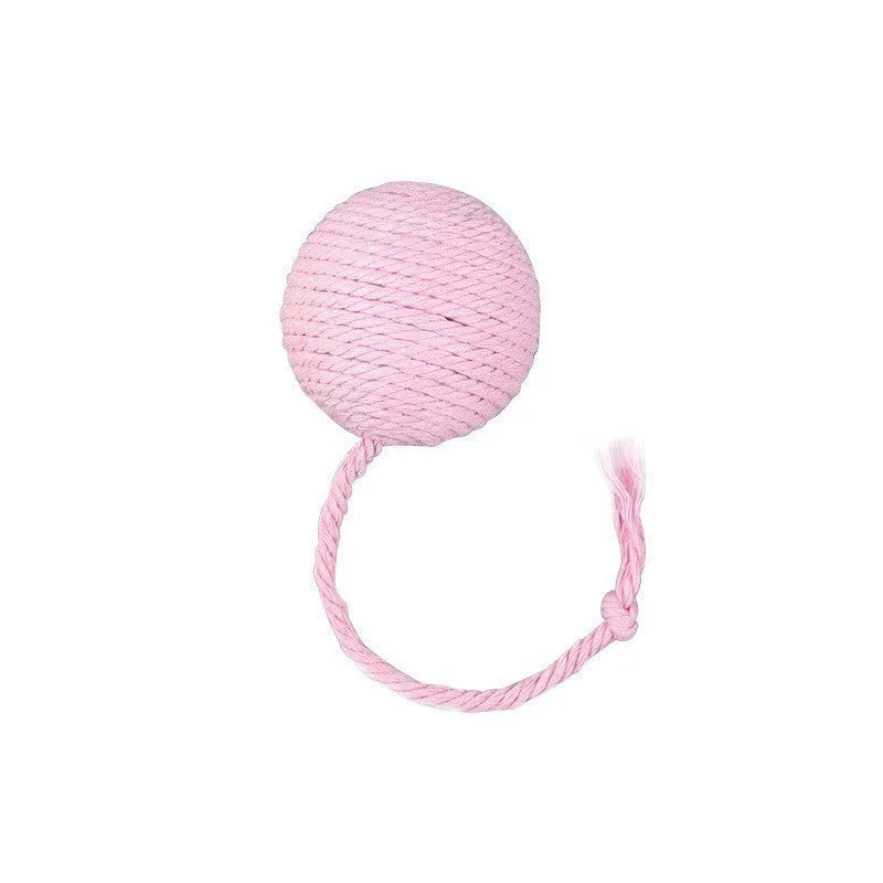 Cat toy ball with attached rope and bell in green, pink, purple or yellow colours showing 6cm and 3cm size comparison