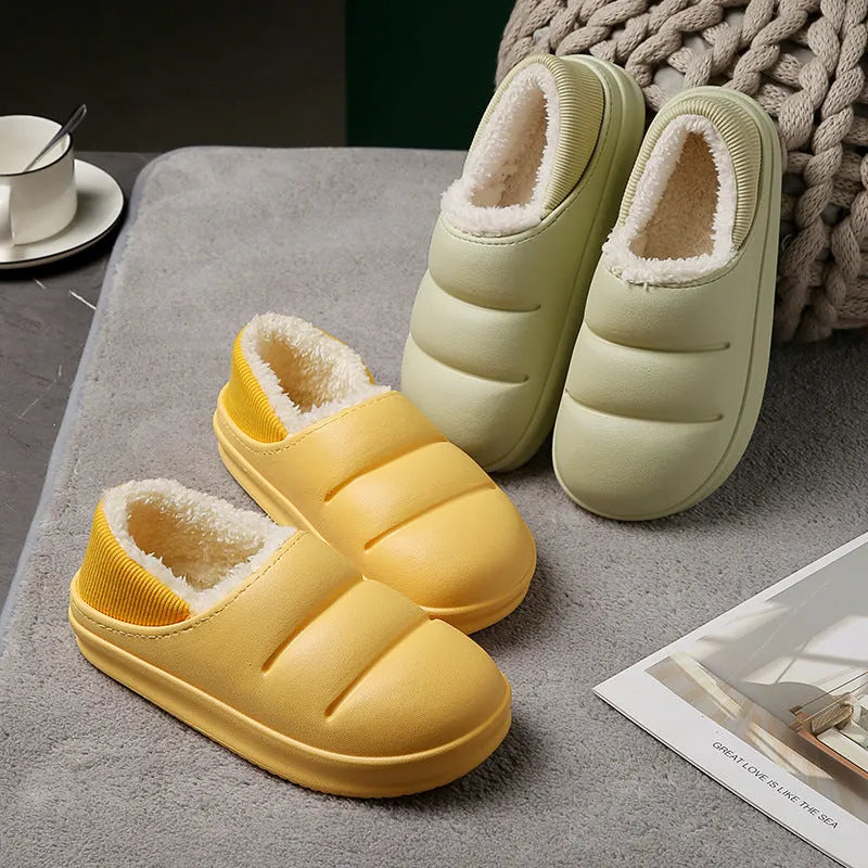 Waterproof EVA couple slippers in multiple colours with a non-slip sole and plush lining for winter.