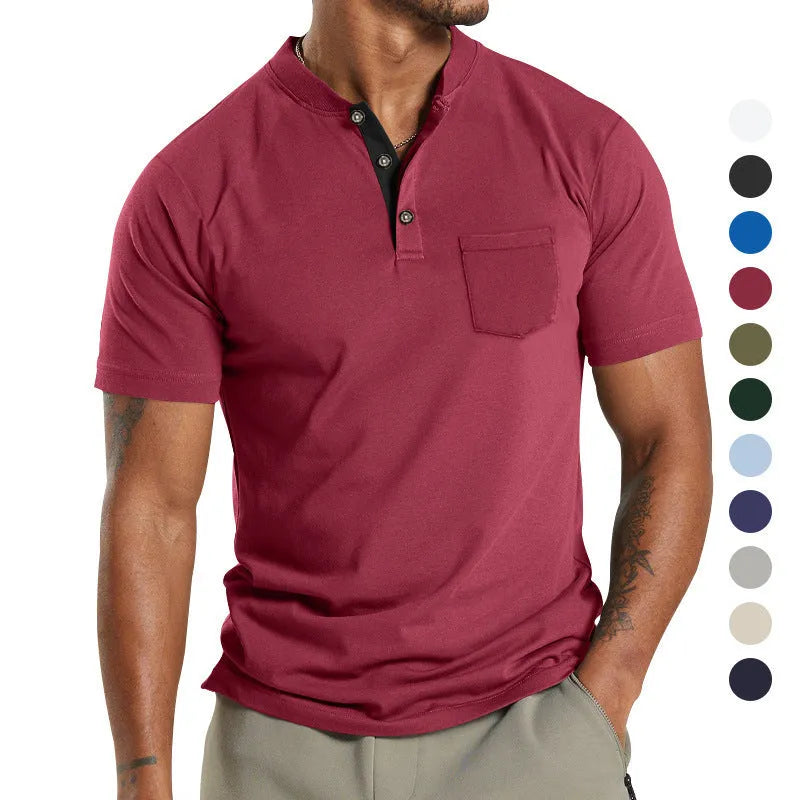Plus size man modelling a solid colour short sleeve polyester shirt with a buttoned chest pocket.