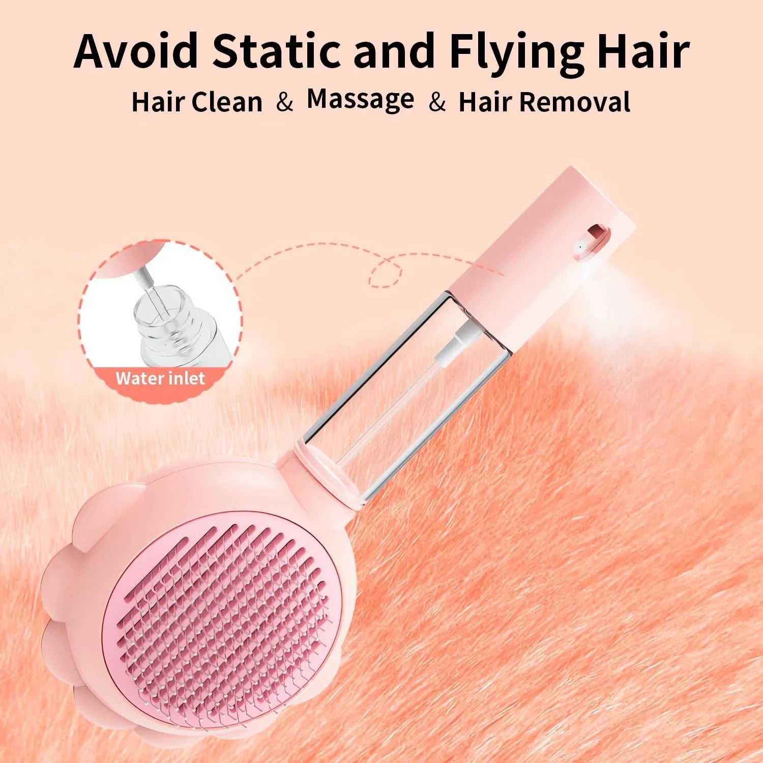 Grey spray cat grooming brush with release button and stainless steel bristles on a white background