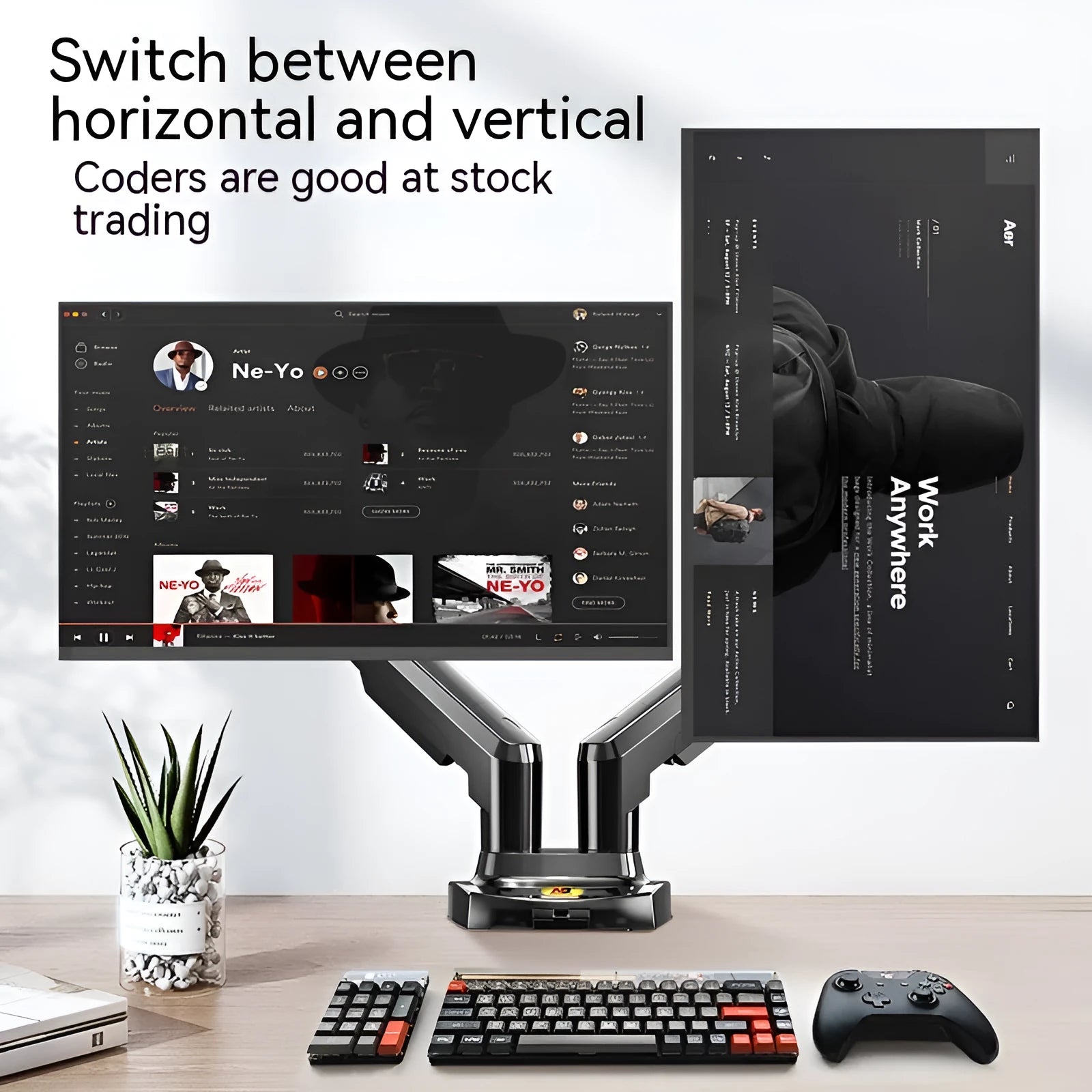 Dual screen monitor mounting bracket with VESA compatibility for 75-100mm patterns and lifting height adjustment