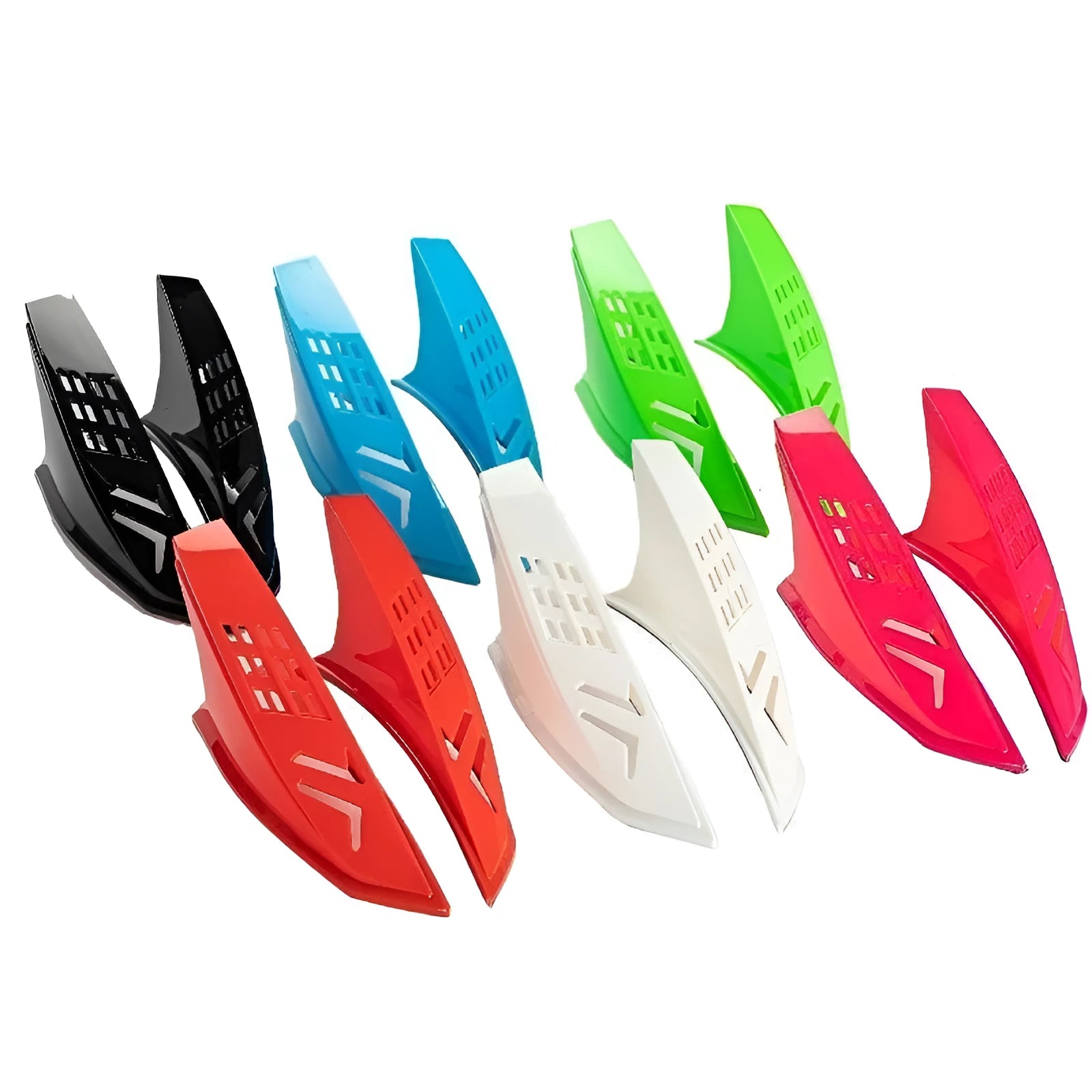 A pair of coloured helmet horns for child's motorcycle or ski helmet modification.