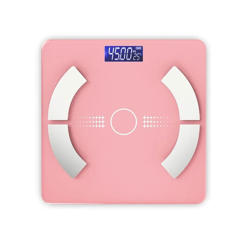 Smart Bluetooth body fat scale in white colour showing digital display with multiple health metrics