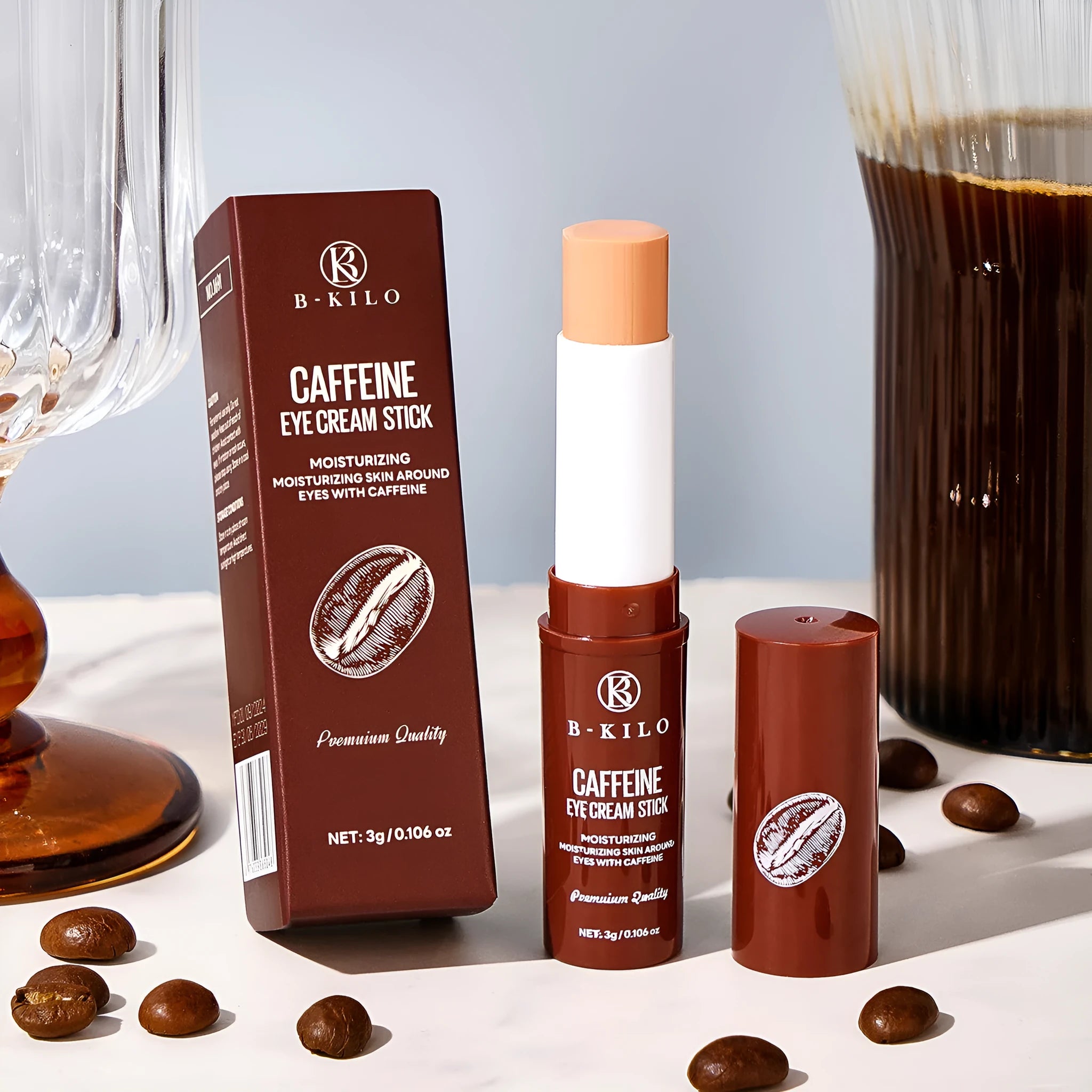 Caffeine eye cream stick in twist-up applicator for under-eye hydration