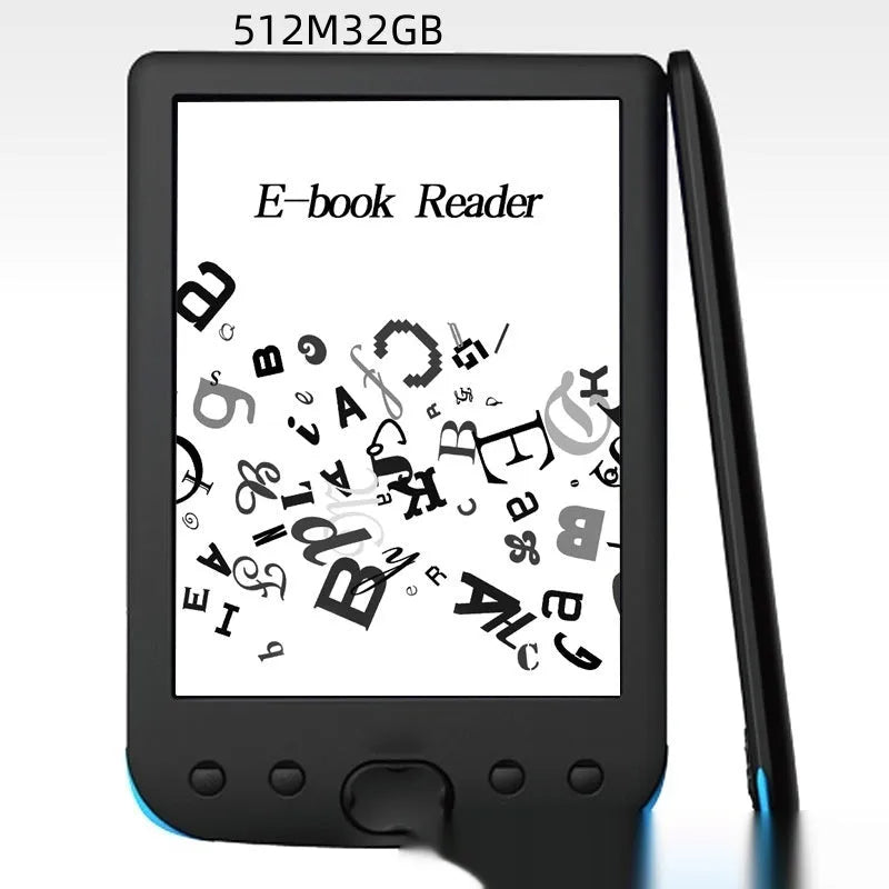 Black 6-inch e-book reader with E-ink screen and anti-glare display showing book text