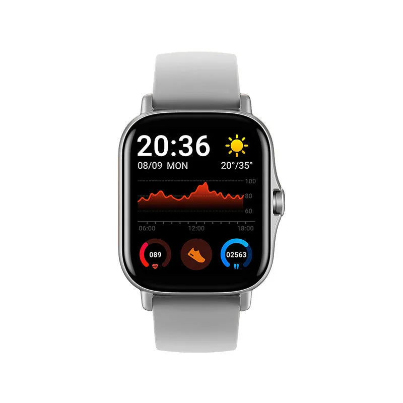 GT20 smartwatch with black alloy case and silicone band showing touch screen display