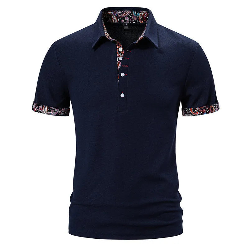 Men's navy blue polo shirt with colour stitching detail on the turnover neck and short sleeves.