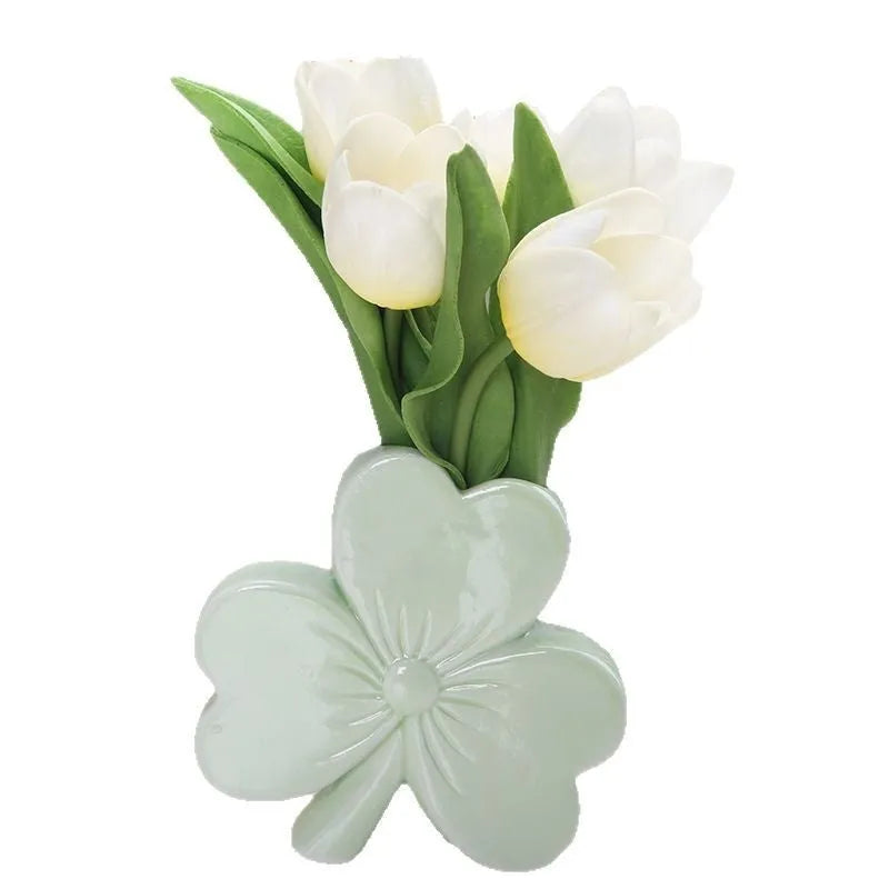 Clover-shaped white porcelain ceramic vase in light green, pink, red, or white colour.