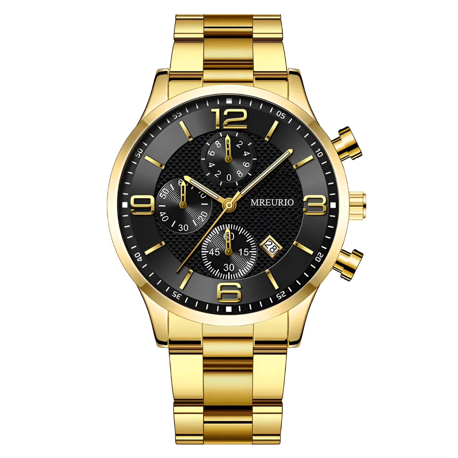 Fashion Numbers Three-eye Calendar Men's Watch with black dial and silver case, 9.5mm thickness