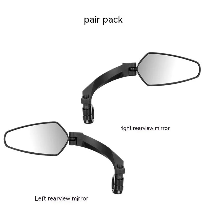 Black rotatable bicycle rearview mirror with large acrylic reflective surface mounted on handlebars.