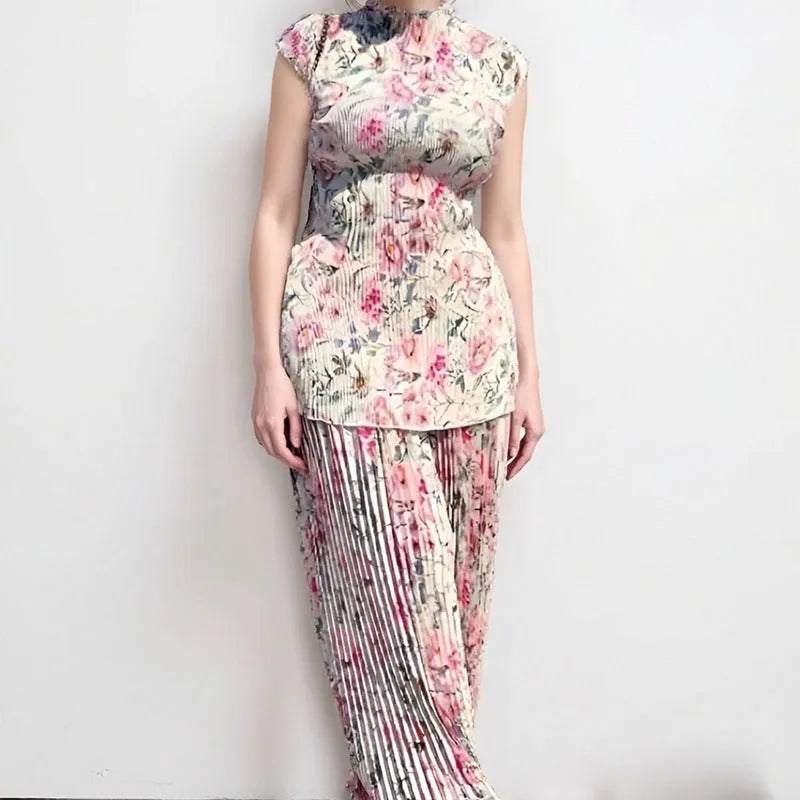 Printed chiffon dress set with matching top showing high waist design and long sleeves
