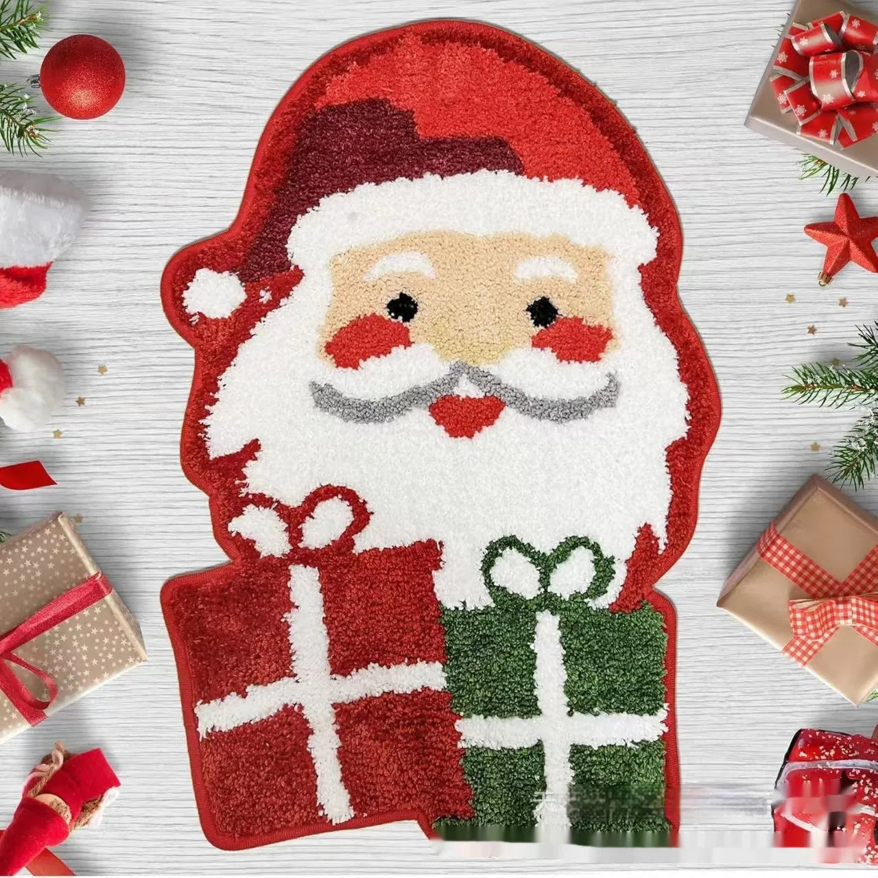 Square Christmas-themed hallway mat with non-slip backing on a wooden floor.