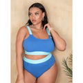 Solid colour women's high-waist bikini split swimsuit set in polyester fabric.