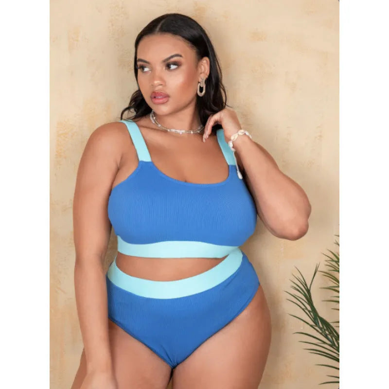 Solid colour women's high-waist bikini split swimsuit set in polyester fabric.