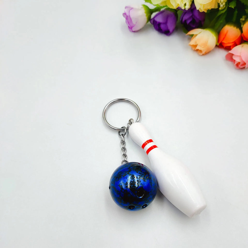 Mini bowling pin keychain pendant in PVC metal available in four colours