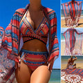 Women's three-piece swimsuit set showing high-waist briefs, sleeveless cutout blouse, and matching coat in picture colour