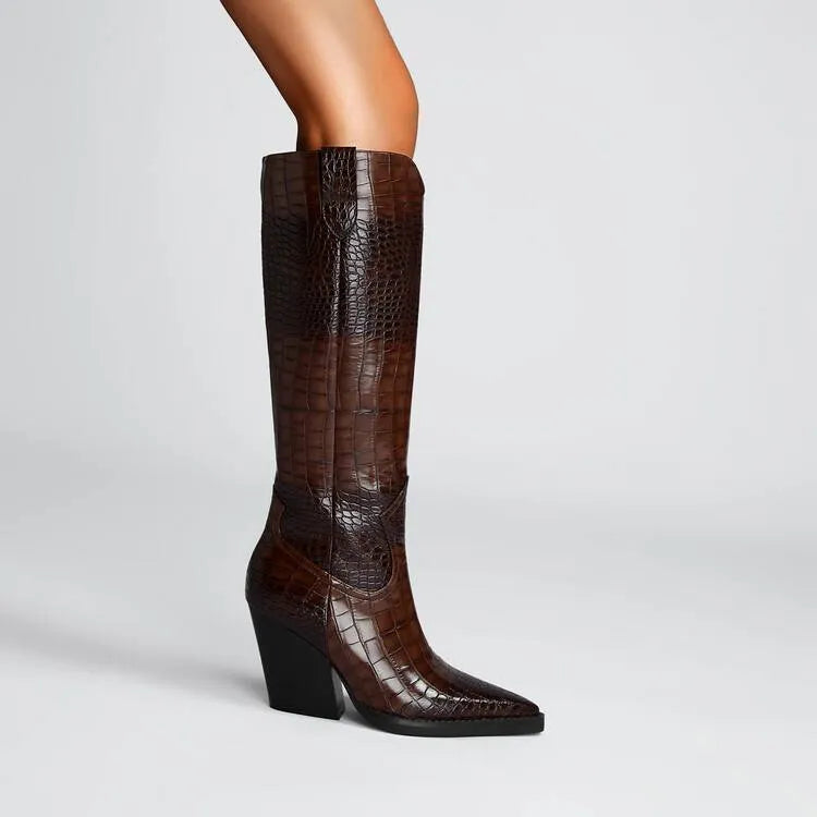 Retro pointed stone pattern chunky heel shoes in dark brown with microfiber upper and rubber sole