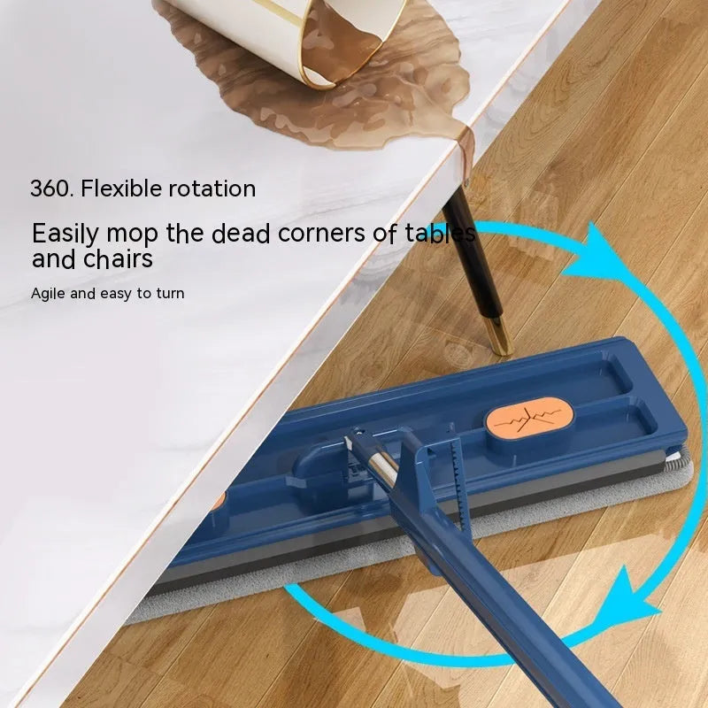 Large flat mop with stainless steel handle and blue cloth on hard floor